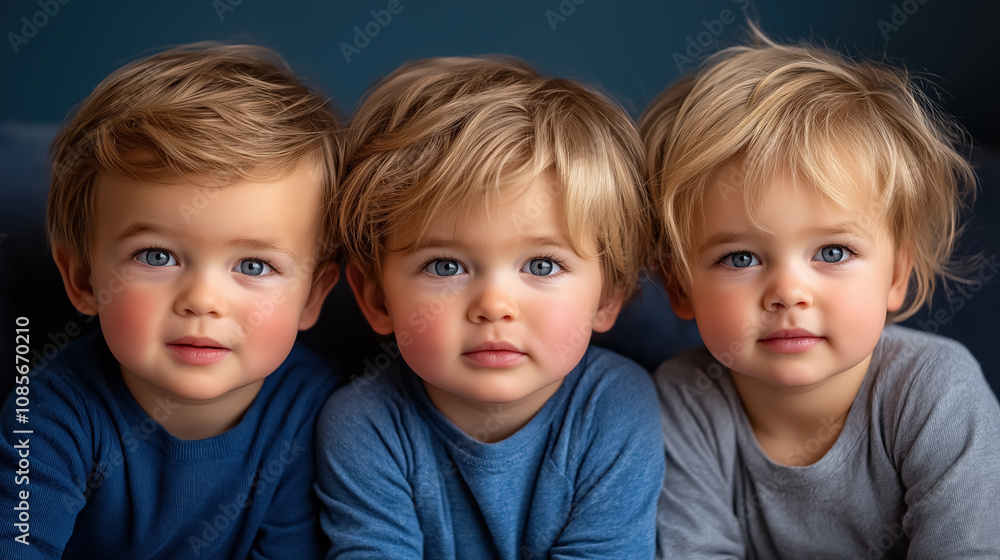 Adorable trio of blond toddlers with blue eyes in matching blue outfits Adorable trio of blond toddlers with blue eyes in matching blue outfits