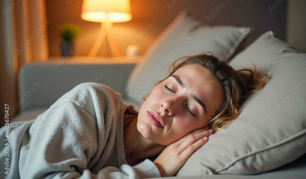 A tired woman is sleeping soundly on the couch A tired woman is sleeping soundly on the couch