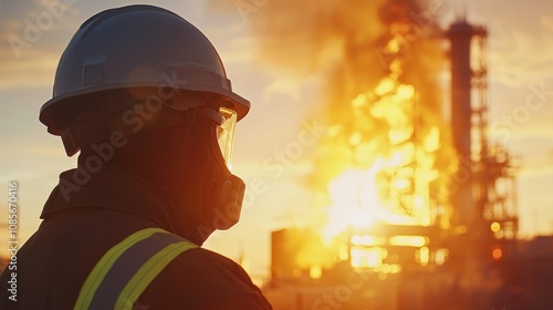 Safetyfocused construction scene with a worker in protective gear under a sunriselit steel framework, highlighting industrial diligence photo