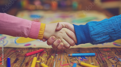 Children's handshake over colorful art table symbolizing friendship and creativity