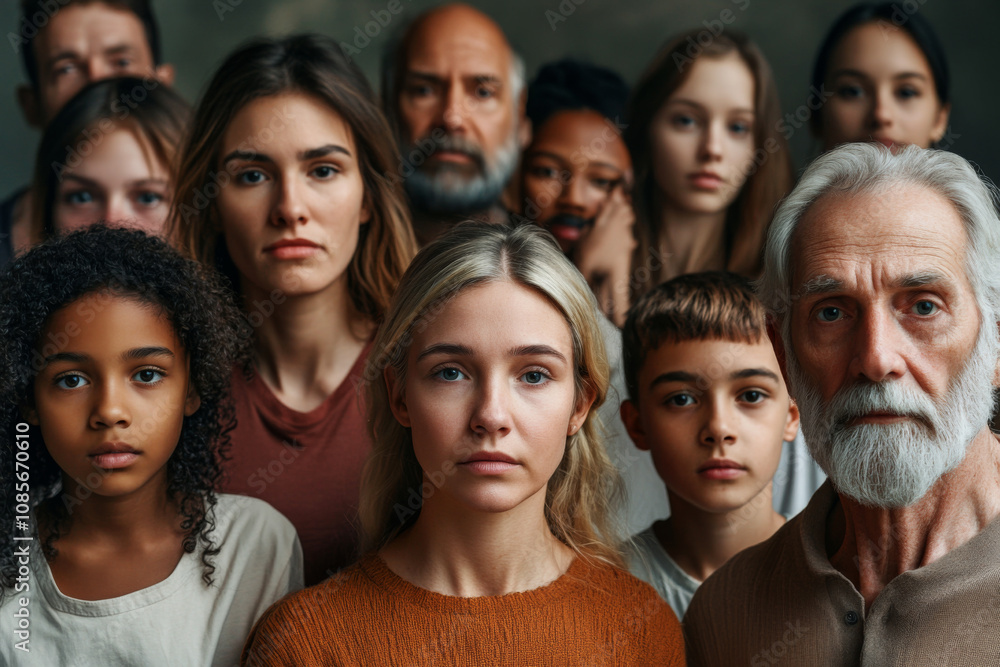 Family with multiple generations members stand together for group portrait. Concept of family bonds and togetherness Family with multiple generations members stand together for group portrait. Concept of family bonds and togetherness