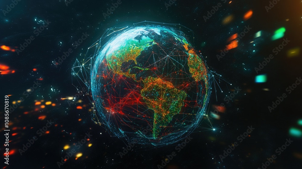 Futuristic Global Network Digital Earth Representation with Vibrant Colors and Illuminated Connections Depicting Technology and Communication Integration Futuristic Global Network Digital Earth Representation with Vibrant Colors and Illuminated Connections Depicting Technology and Communication Integration