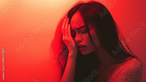 A woman with a headache touches the area where the pain is with her hand. his face contorted in pain. Shot with soft studio lighting, 