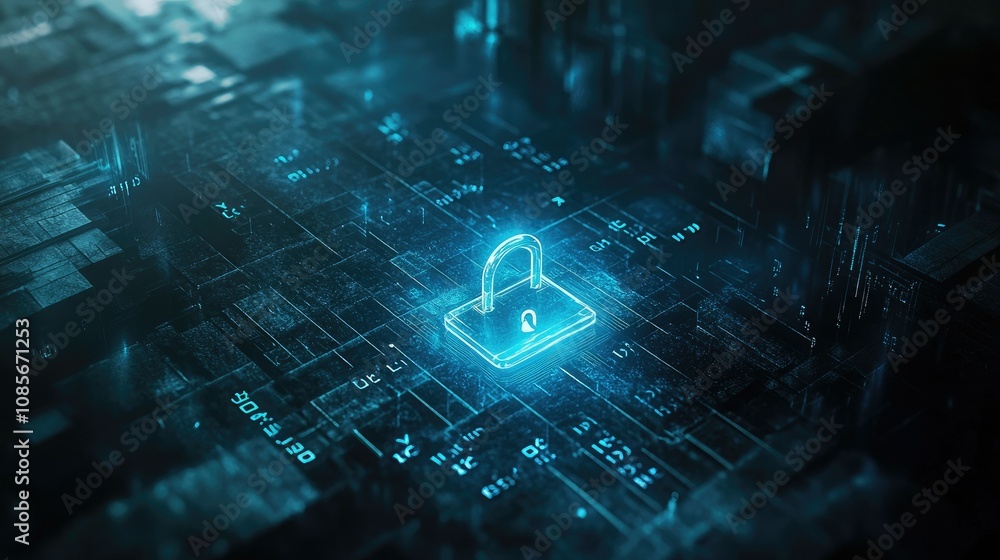 Futuristic Digital Security Concept Featuring a Glowing Locked Padlock Surrounded by Abstract Data Patterns in a Technological Environment Futuristic Digital Security Concept Featuring a Glowing Locked Padlock Surrounded by Abstract Data Patterns in a Technological Environment
