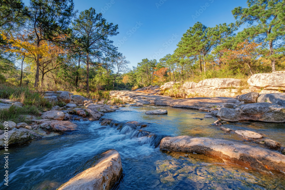 Scenic view of river flowing through forest with colorful autumn foliage and rocks. Wild mountain cascade river with stones Scenic view of river flowing through forest with colorful autumn foliage and rocks. Wild mountain cascade river with stones