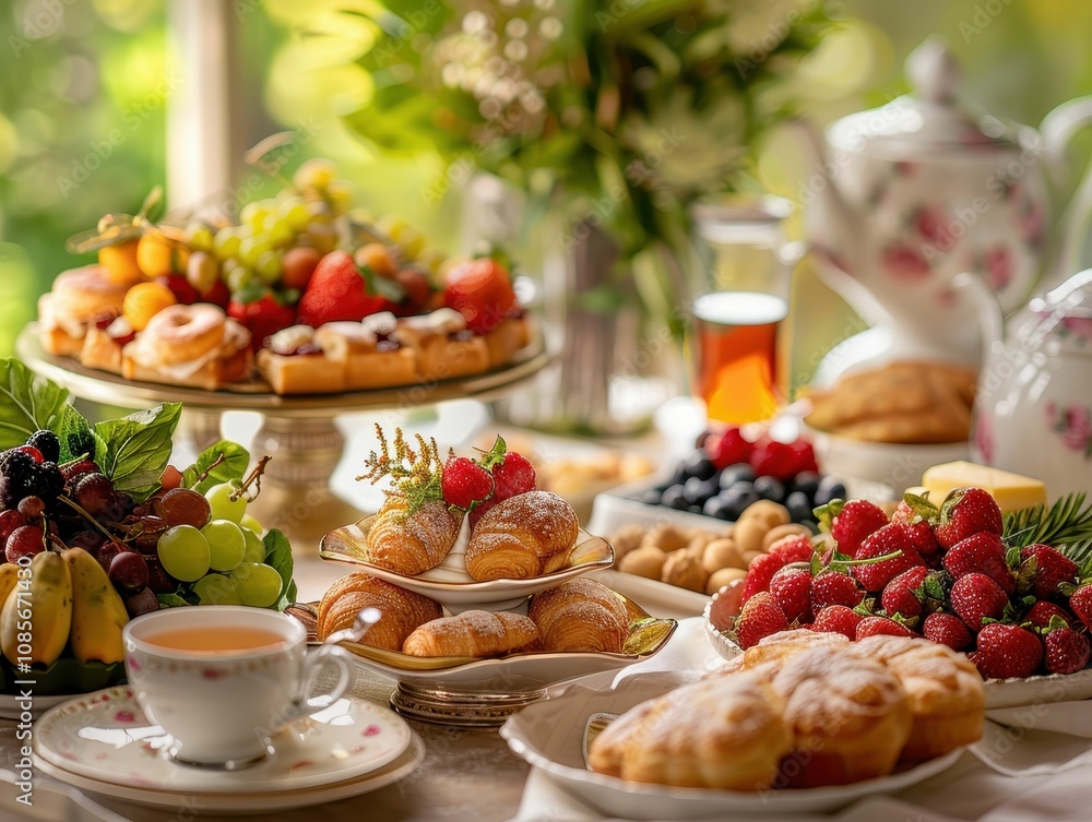 A beautifully arranged table featuring an assortment of fruits, pastries, and tea, creating an inviting and elegant dining atmosphere. A beautifully arranged table featuring an assortment of fruits, pastries, and tea, creating an inviting and elegant dining atmosphere.