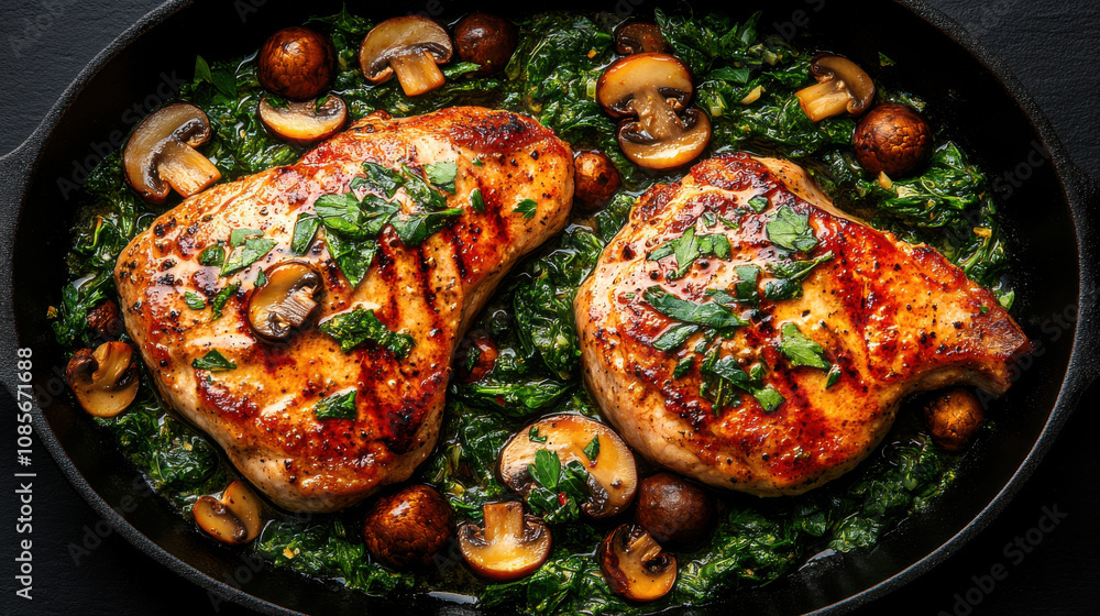Juicy pork chops cooked with mushrooms and spinach, garnished with herbs, create delicious and hearty meal. Perfect for dinner or special occasions Juicy pork chops cooked with mushrooms and spinach, garnished with herbs, create delicious and hearty meal. Perfect for dinner or special occasions