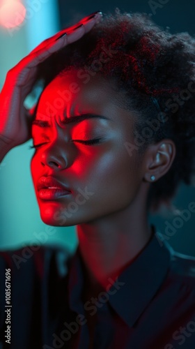 A woman with a headache touches the area where the pain is with her hand. his face contorted in pain. Shot with soft studio lighting, 30mm lens and stock photo  photo