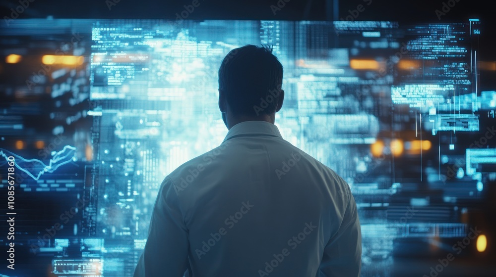 Man Observing Futuristic Data Visualization Man Observing Futuristic Data Visualization