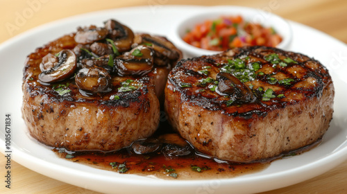 Delicious grilled pork chops topped with creamy mushroom sauce, garnished with fresh herbs, served with side of salsa. perfect dish for meat lovers!