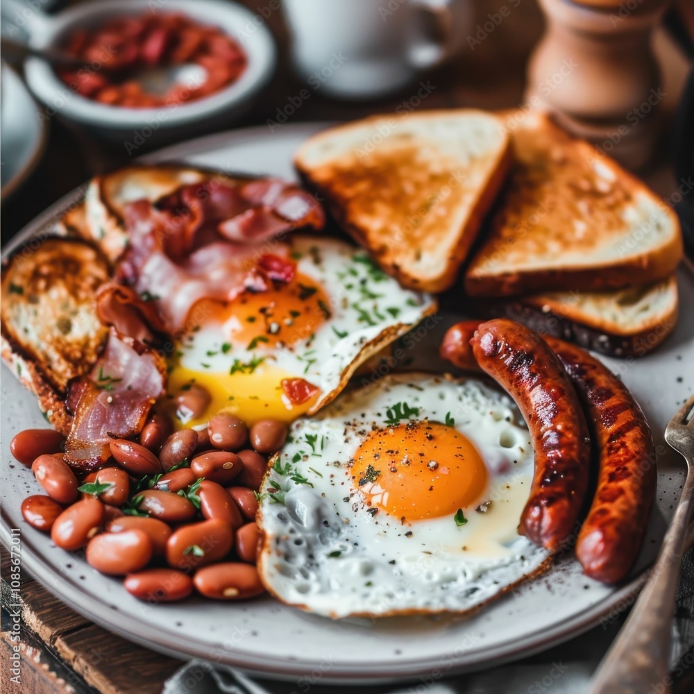 A hearty breakfast plate featuring fried eggs, bacon, sausage, toast, and beans, garnished with herbs on a rustic table setting. A hearty breakfast plate featuring fried eggs, bacon, sausage, toast, and beans, garnished with herbs on a rustic table setting.