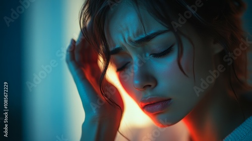 Young woman is suffering from a headache against a dark background.