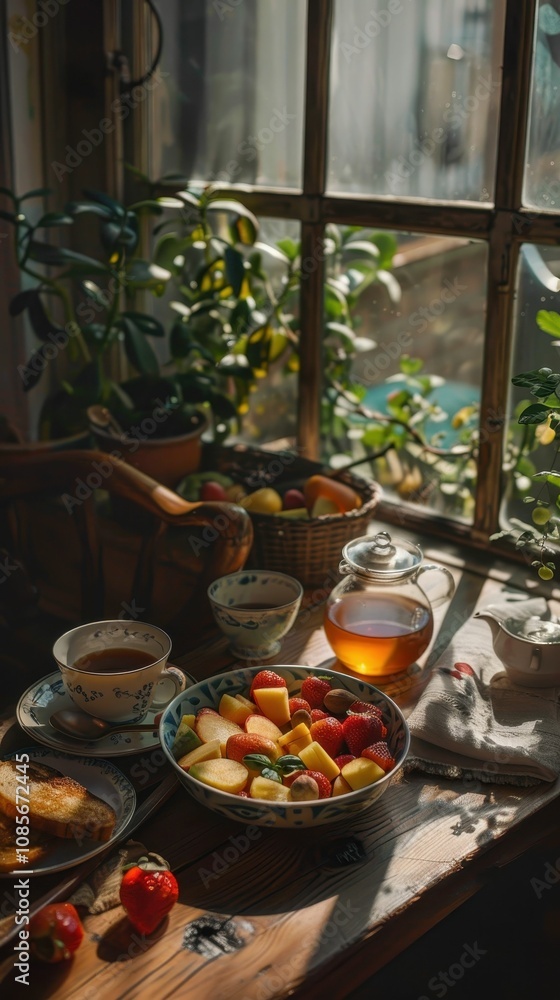 A cozy breakfast scene featuring a bowl of fresh fruit, tea, and pastries, illuminated by soft sunlight through a window. A cozy breakfast scene featuring a bowl of fresh fruit, tea, and pastries, illuminated by soft sunlight through a window.