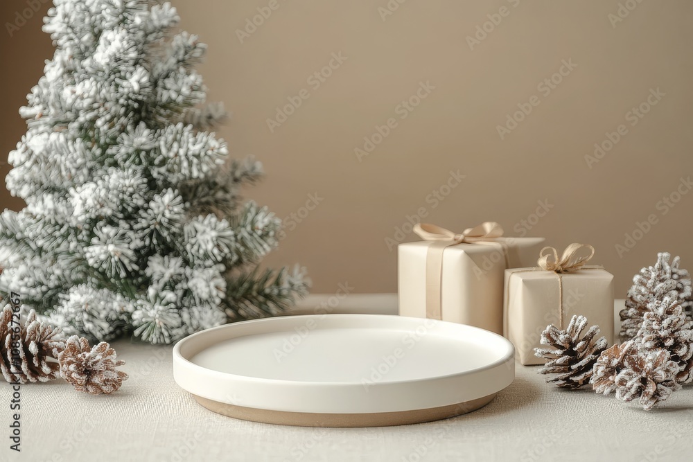 White podium with Christmas tree and gift boxes on beige background, close-up of empty space on round white plate, minimalist product presentation mockup. White podium with Christmas tree and gift boxes on beige background, close-up of empty space on round white plate, minimalist product presentation mockup.