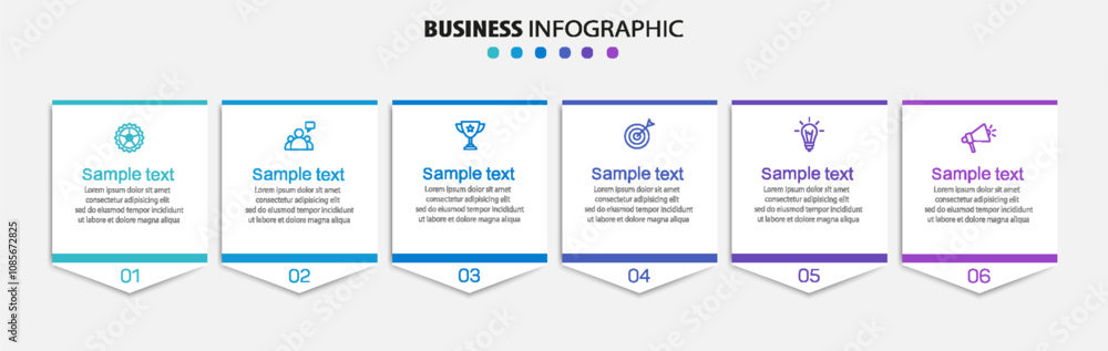 Fototapeta premium Business vector infographic design template with icons and 6 options or steps. Can be used for process diagram, presentations, workflow layout, banner, flow chart, info graph
