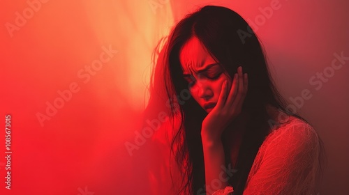 A woman with a headache touches the area where the pain is with her hand. his face contorted in pain. Shot with soft studio lighting