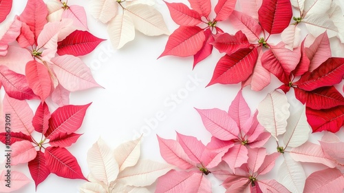 Beautiful Arrangement of Colorful Poinsettia Leaves in Varied Shades of Red, Pink, and White on a Neutral Background for Festive Decor and Seasonal Inspiration