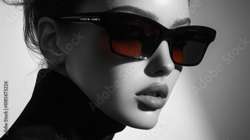 Stylish woman in bold reflective glasses with glowing neon accents