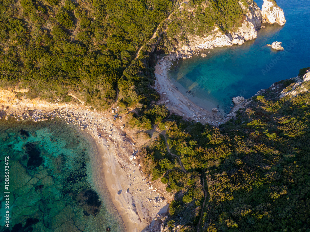 Aerial drone view of Porto Timoni beach in Corfu. Ionian sea, Greece.Corfu Island iconic image Aerial drone view of Porto Timoni beach in Corfu. Ionian sea, Greece.Corfu Island iconic image