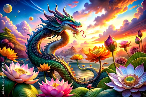 Colorful Dragon Surrounded by Lotus Flowers at Sunset: A Vibrant Food Photography Scene Capturing Dynamic and Expressive Elements in a Serene Setting