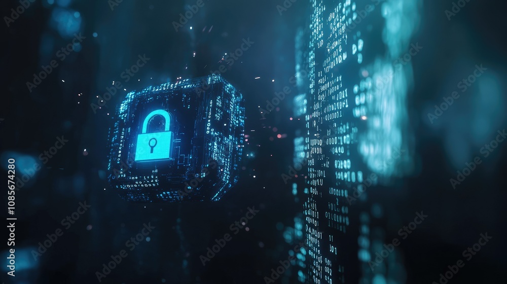 Naklejka premium Futuristic Digital Lock with Blue Glowing Elements Representing Cybersecurity and Data Protection in a High-Tech Environment