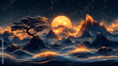 China golden architecture trees mountain landscape illustration poster background