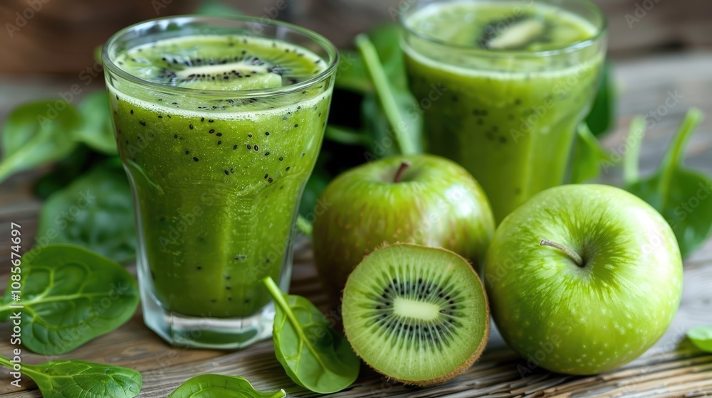 A refreshing green smoothie featuring kiwi slices, apples, and spinach on a wooden background, showcasing health and vitality. A refreshing green smoothie featuring kiwi slices, apples, and spinach on a wooden background, showcasing health and vitality.