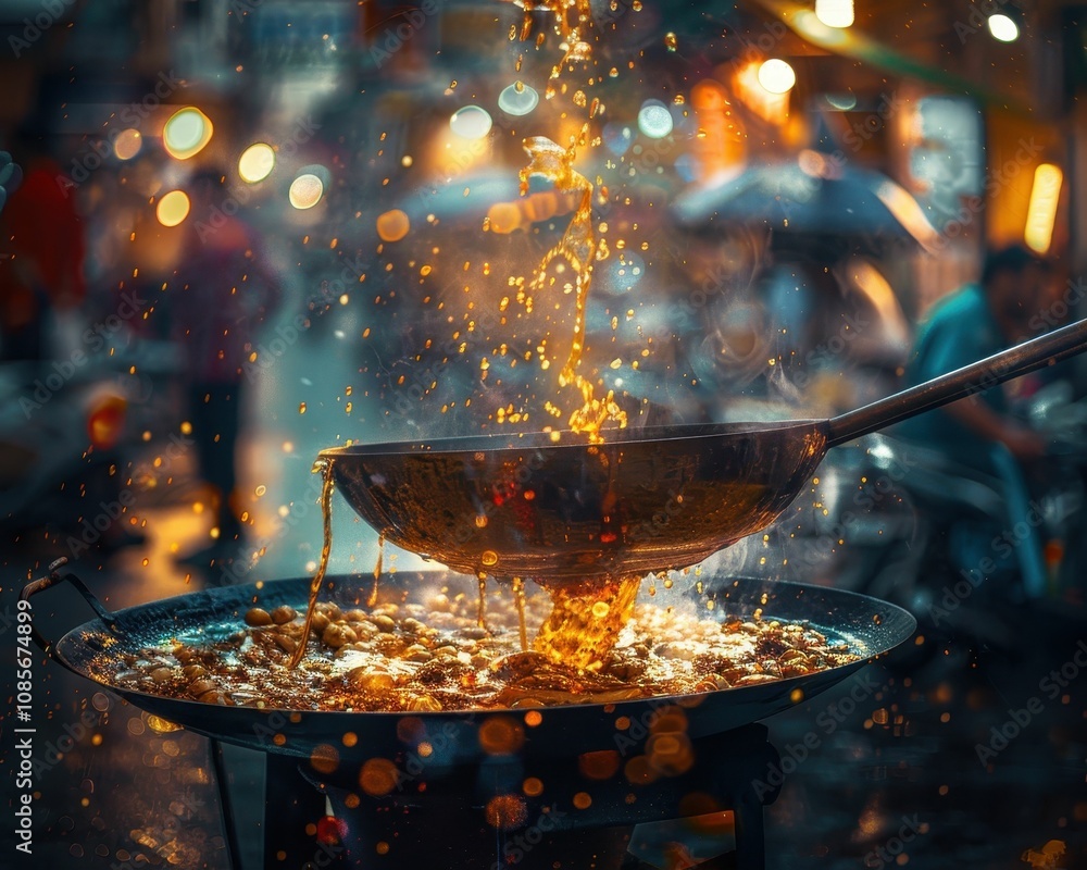 A vibrant street food scene featuring a wok, cooking oil splattering as it heats, with a blurred background of people and lights, creating an inviting atmosphere. A vibrant street food scene featuring a wok, cooking oil splattering as it heats, with a blurred background of people and lights, creating an inviting atmosphere.