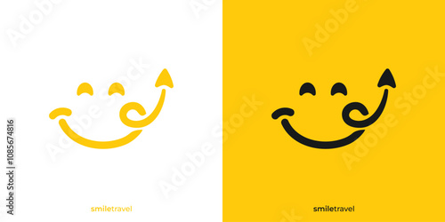 Abstract Smile Travel Logo. Smile Face and Plane or Arrow Up Icon Graphic. Happy Travel Logo Design Template.