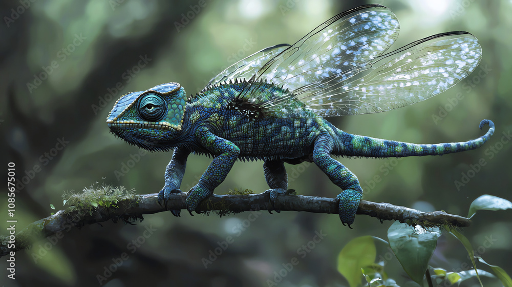 A chameleon with dragonfly wings skillfully blending into its lush green surroundings during daylight A chameleon with dragonfly wings skillfully blending into its lush green surroundings during daylight