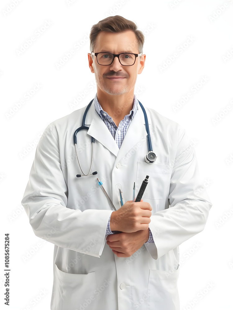 A male doctor stands with his back crossed, holding some medical instruments, such as a thermometer,