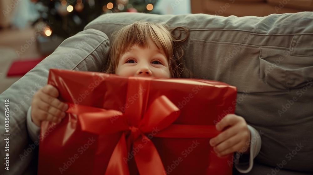 Child's Excited Face Discovering Hidden Christmas Gift under Couch, Room Awaiting Holiday Anticipation. Child's Excited Face Discovering Hidden Christmas Gift under Couch, Room Awaiting Holiday Anticipation.