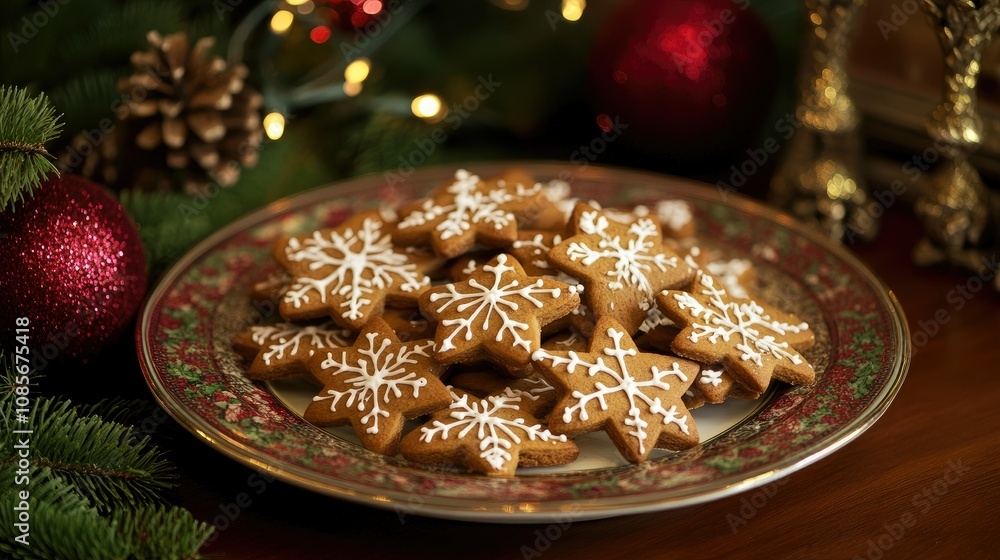 Festive Gingerbread Cookies in Snowflake Shapes on Decorative Plate Surrounded by Holiday Ornaments and Pine Foliage, Perfect for Winter Celebrations Festive Gingerbread Cookies in Snowflake Shapes on Decorative Plate Surrounded by Holiday Ornaments and Pine Foliage, Perfect for Winter Celebrations