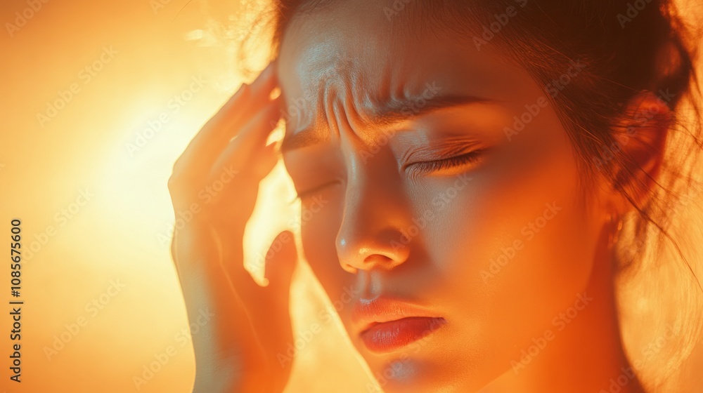 woman, headache and stress with thinking, red glow or overlay for burnout at finance job. Accountant employee, pain and tired with fail, depressed and fatigue with pressure woman, headache and stress with thinking, red glow or overlay for burnout at finance job. Accountant employee, pain and tired with fail, depressed and fatigue with pressure