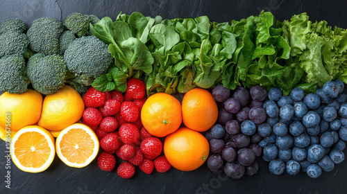 Fototapeta Naklejka Na Ścianę i Meble -  Fresh fruits and vegetables including broccoli, oranges, strawberries, and blueberries arranged in colorful display for healthy diet