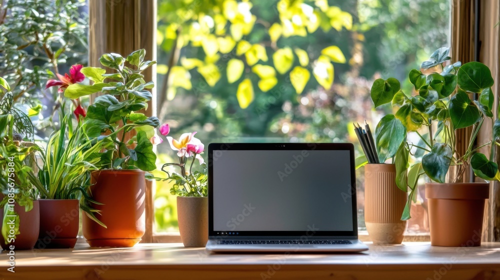 Serene workspace setup for mental clarity with technology home nature Serene workspace setup for mental clarity with technology home nature