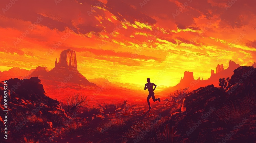 Fototapeta premium Silhouetted Runner Against a Breathtaking Sunset Landscape with Vibrant Orange and Red Skies, Majestic Mountains, and Rugged Terrain in a Desert Environment