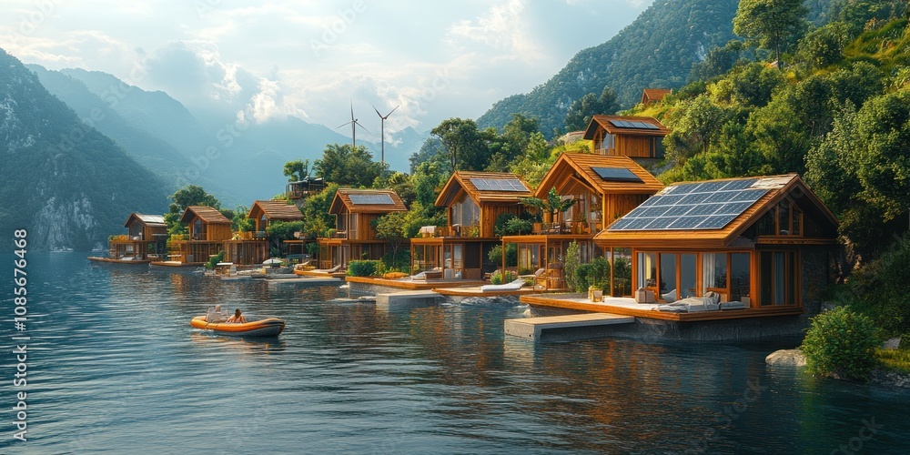 Naklejka premium Eco-friendly waterfront homes with solar panels, nestled in a serene mountain lake setting. A person kayaks peacefully nearby.