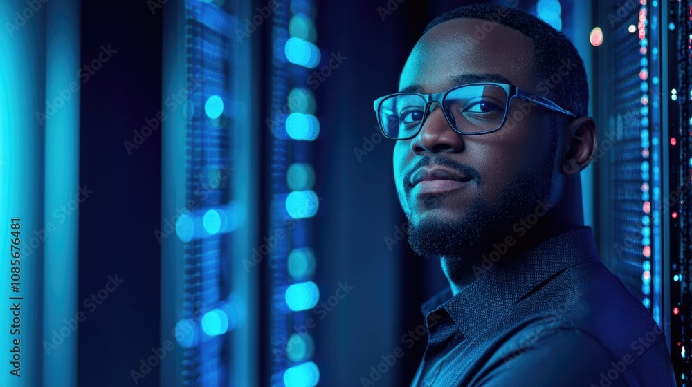 Black man with glasses in front of a computer server room, looking at the camera and smiling. Black man with glasses in front of a computer server room, looking at the camera and smiling.