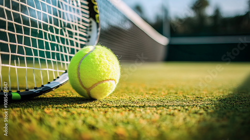 Tennis ball and tennis racket. Playing tennis concept photo