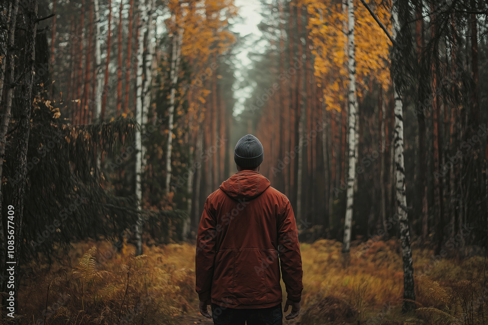 Man in Autumn Forest, Rear View, Exploring Tranquil Nature Path with Fall Colors. Man in Autumn Forest, Rear View, Exploring Tranquil Nature Path with Fall Colors.