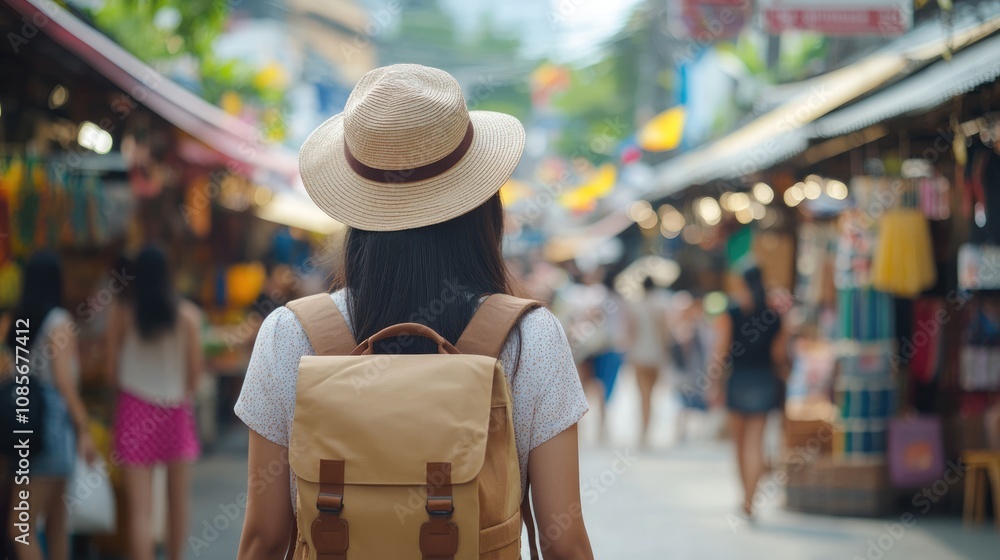Obraz premium Woman Walking Through a Busy Street Market