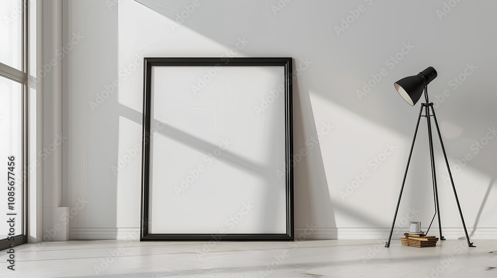 large black frame stands on the floor, leaning against the wall. Next to it is an elegant lamp with long legs, standing in profile against a white background. large black frame stands on the floor, leaning against the wall. Next to it is an elegant lamp with long legs, standing in profile against a white background.