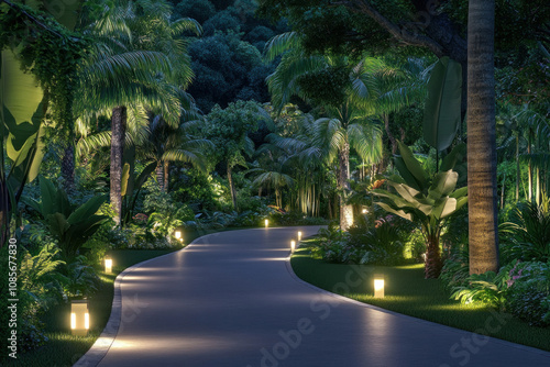 A pathway lined with lights flanked by tall palm trees, casting shadows under the night sky. photo