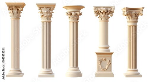 Collection of nine diverse columns and pediments made of light-colored stone, showcasing unique designs arranged in a grid pattern.