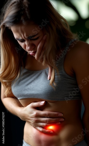 A woman with stomach ache touches the area where the pain is with her hand. his face contorted in pain. Shot with soft studio lighting, 30mm lens and stock photo style. photo