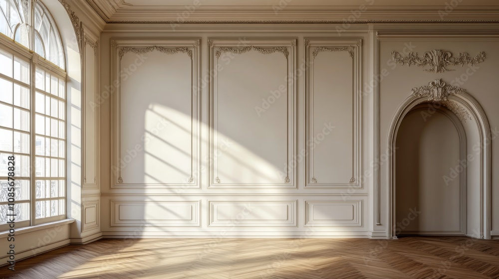 Spacious room with high ceiling, elegant walls, intricate archway, zigzag-patterned wood floor, and large windows for natural light. Spacious room with high ceiling, elegant walls, intricate archway, zigzag-patterned wood floor, and large windows for natural light.