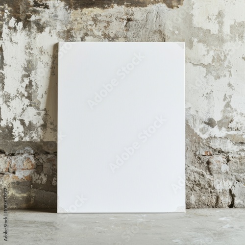 White blank canvas leaning on a textured brick wall, capturing a contemporary style ideal for visual or advertising projects photo