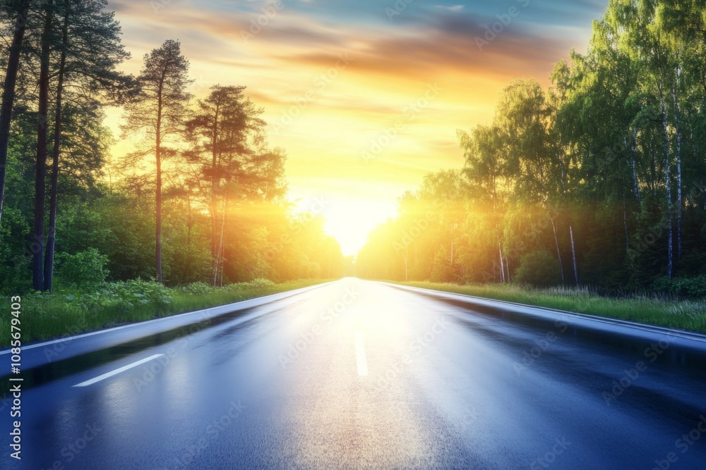 Tranquil road stretching through sunset-lit tree-lined path with calm reflections and peaceful ambiance. Tranquil road stretching through sunset-lit tree-lined path with calm reflections and peaceful ambiance.