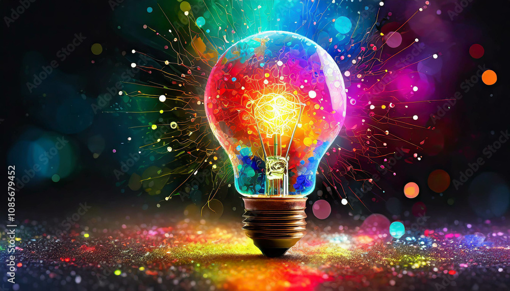 A glowing light bulb stands prominently against a dark backdrop, surrounded by vibrant particles that evoke a sense of energy and creativity, evoking a sense of wonder and inspiration. A glowing light bulb stands prominently against a dark backdrop, surrounded by vibrant particles that evoke a sense of energy and creativity, evoking a sense of wonder and inspiration.